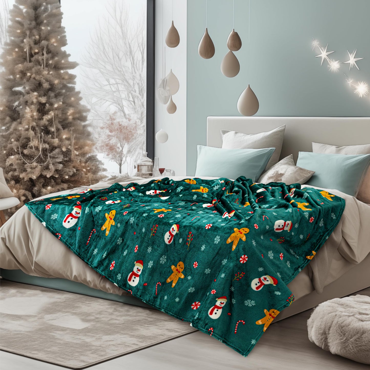 PAVILIA Christmas Gingerbread Throw Blanket | Green Holiday Christmas Fleece Blanket | Soft, Plush, Warm Winter Cabin Throw, 50x60 (Green Gingerbread)