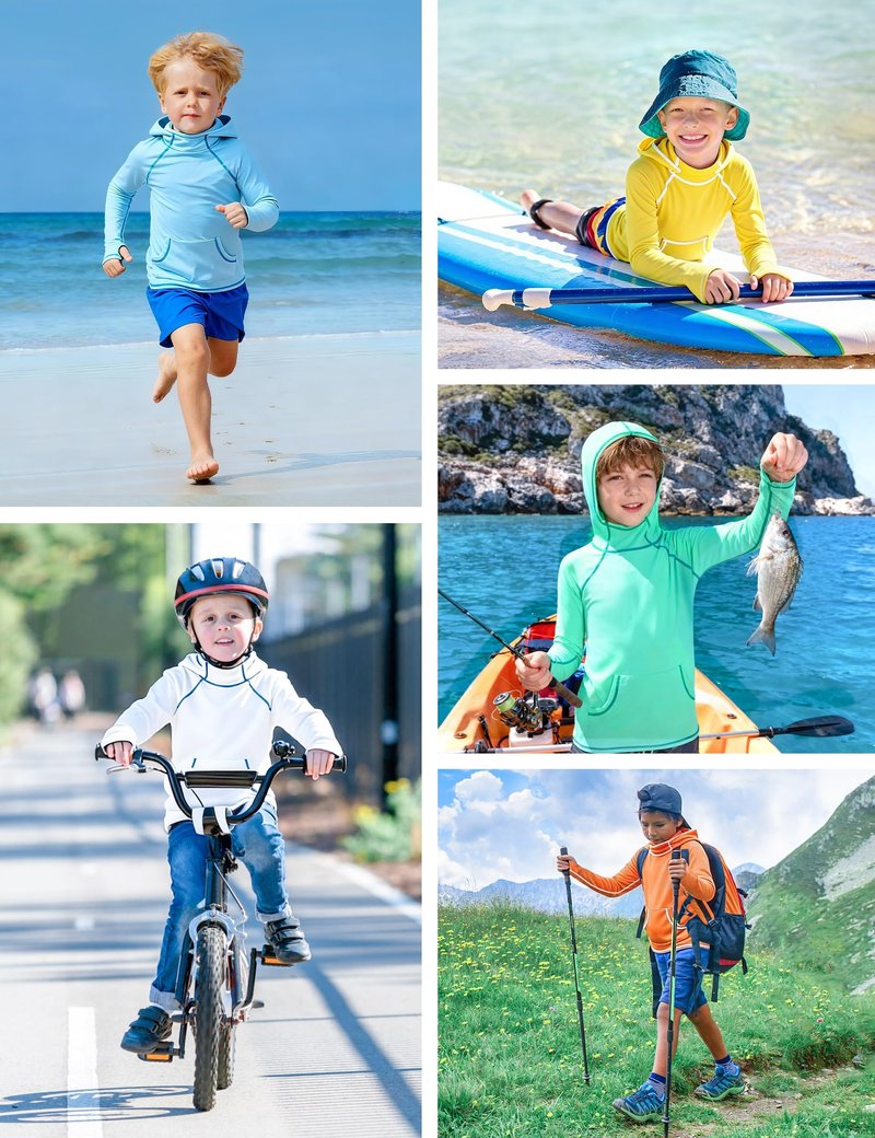 Boys Hooded Long Sleeve Rash Guard Swim Shirt, Youth Kids UPF 50+ Fishing Shirt, Sun Protection Hiking Beach Hoodie