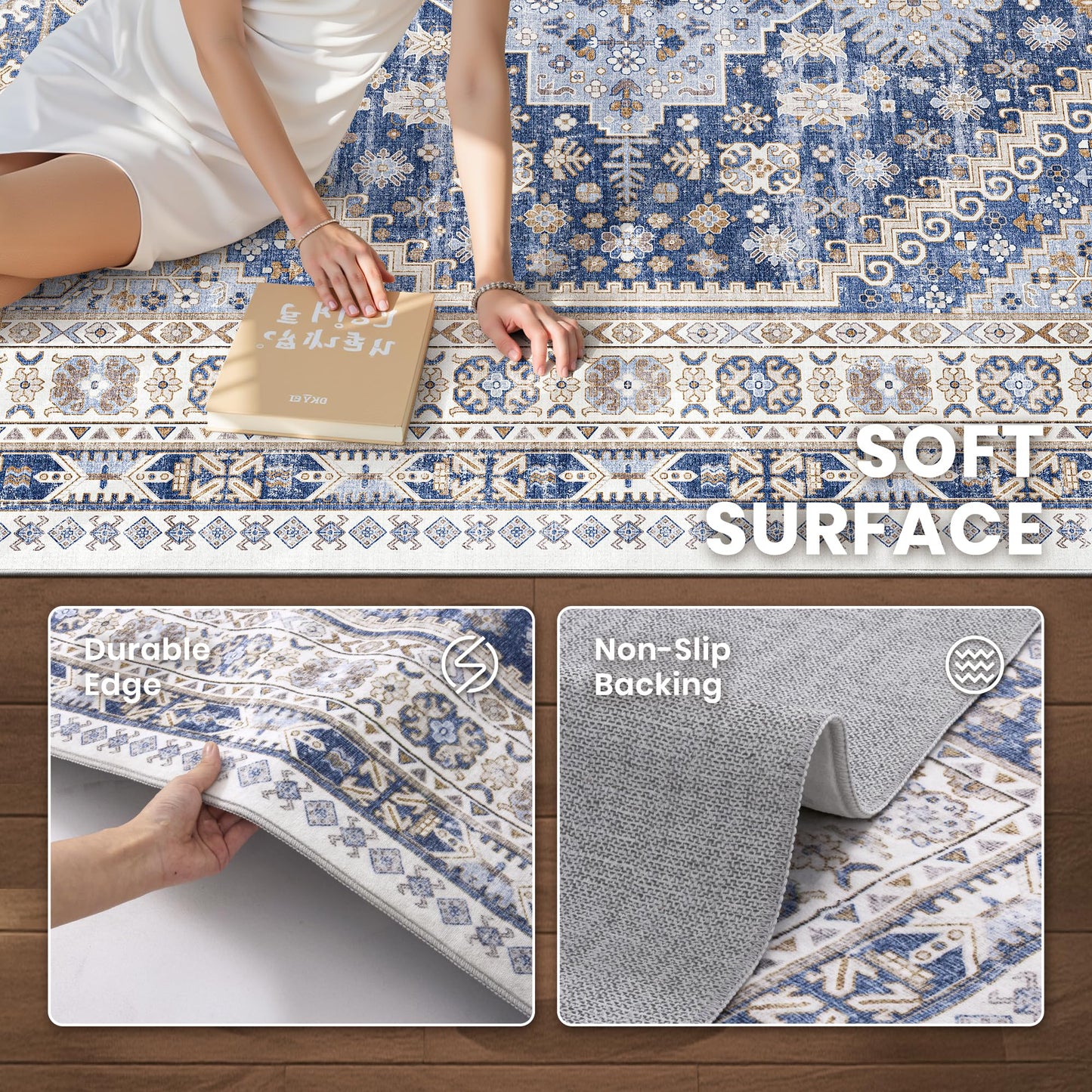 zesthome 9x12 Area Rugs,Stain Resistant Washable Rug,Ultra-Thin Rugs for Living Room,Bedroom,Non-Slip Backing Home Decor Large Area Rug (Blue/Beige,9'x12')