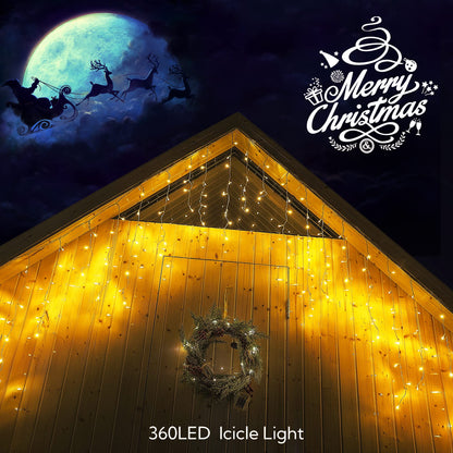 Hopolon 33FT 360L LED Christmas Icicle Lights Outdoor Waterproof,8 Modes Plug in Curtain String LIghts With 60 Drops,Christmas Lights for Wedding,Party,Bedroom,Home,Garden,Wall Decorations(Warm White)