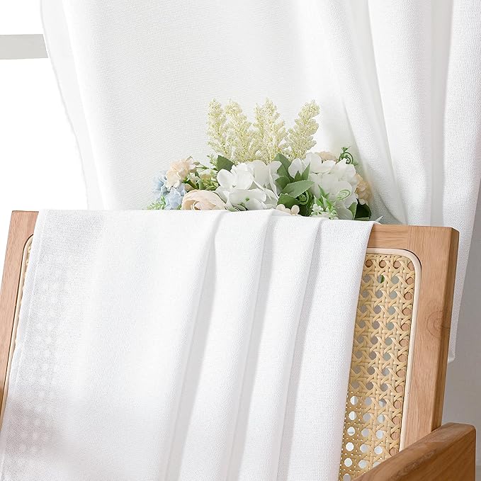 Tollpiz Linen Curtain Bedroom Rod Pocket Semi Sheer Curtains Burlap Light Filtering Thick Linen Drape for Living Room, 54 x 63 inches Long, White, Set of 2 Panels