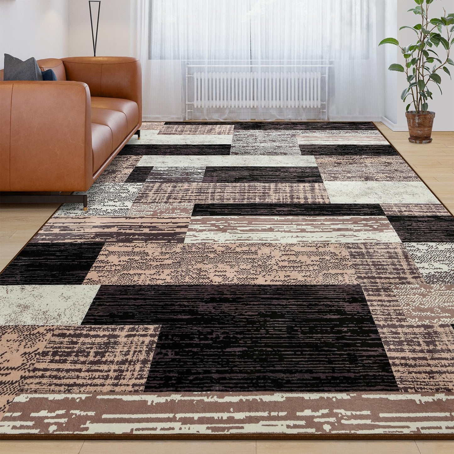 Large Area Rugs,Modern Geometric Patchwork Floor Decor for Bedroom Aesthetic Carpet, Rockwood Collection, Indoor Rugs for Living Room Dining Room Nursery Office Machine Washable Rug, 4x6 Ft Chocolate