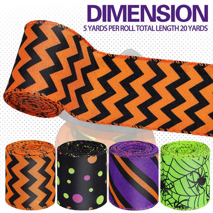 4 Rolls 20 Yards Halloween Wired Edge Ribbon Spider Web Printed Grosgrain Ribbons Halloween Theme Holiday DIY Craft Wrapping Ribbon for Home Party Decor