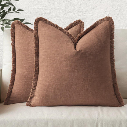 MIULEE Christmas Decorative Throw Pillow Covers Neutral Linen Fringe Fall Throw Pillows Set of 2 Natural Beige Boho Farmhouse Cushion Covers with Tassels for Couch Sofa Bed Home Decor 20x20 Inch
