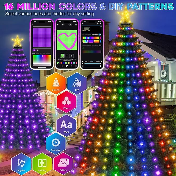 Smart Ring Christmas Tree Lights with Star Topper Indoor Outdoor - 7.5Ft x 20 Lines String 400 Optimum LED Easy App Control Images Color Changing Timer Remote Waterproof for 7 7.5 8 Ft Xmas Trees