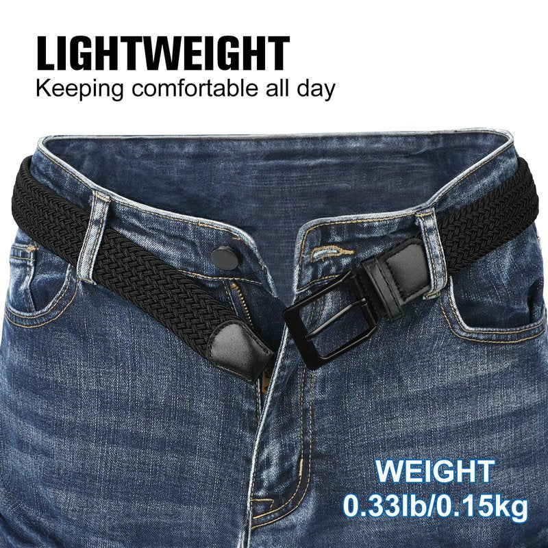 SANSTHS 2 Pack Stretch Braided Elastic Belt for Men, 1 3/8" Elastic Woven Belts Mens Stretch Belt for Casual Golf Jeans, 2 Pack – Blue White & Black