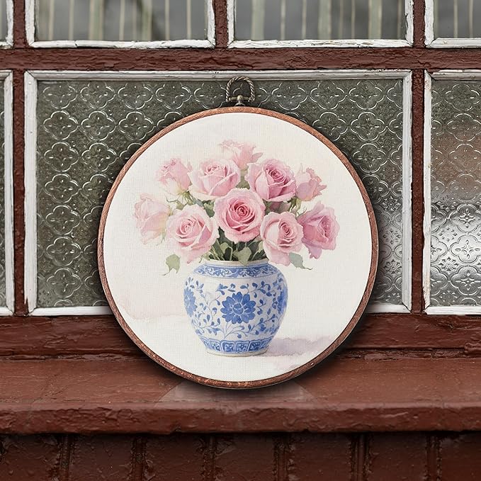Threegoat Chinoiserie Spring Floral Framed Round Wall Art,Blue and White Hydrangea Flowers Wall Art Decor for Bedroom,Vintage Wall Hanging Decor for Grand Millenial Grandmillennial Home - A03