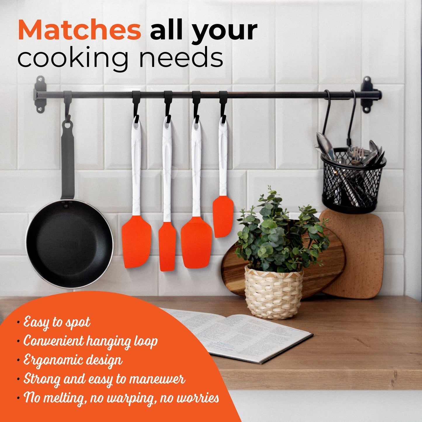 M KITCHEN WORLD Heat Resistant Silicone Spatulas Set | Rubber Spatula Kitchen Utensils Non-Stick for Cooking, Baking and Mixing | Ergonomic, Dishwasher Safe Bakeware Set of 4, Orange