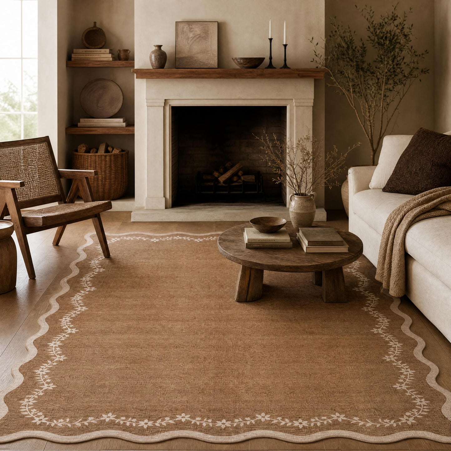 GarveeHome 5x7 Scalloped Area Rug Brown Washable Rugs for Living Room Bedroom, Soft Low Pile Non Slip Accent Floor Mat Solid Floral Print Throw Rug Farmhouse Indoor Carpet for Dorm Playroom