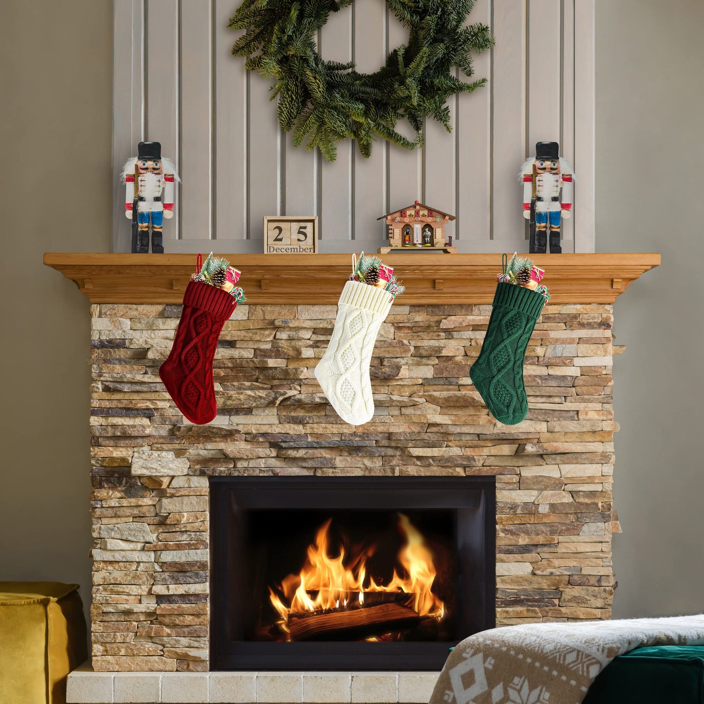 Kunyida 3PCS 14" Unique Burgundy and Ivory White and Green Knitted Christmas Stockings