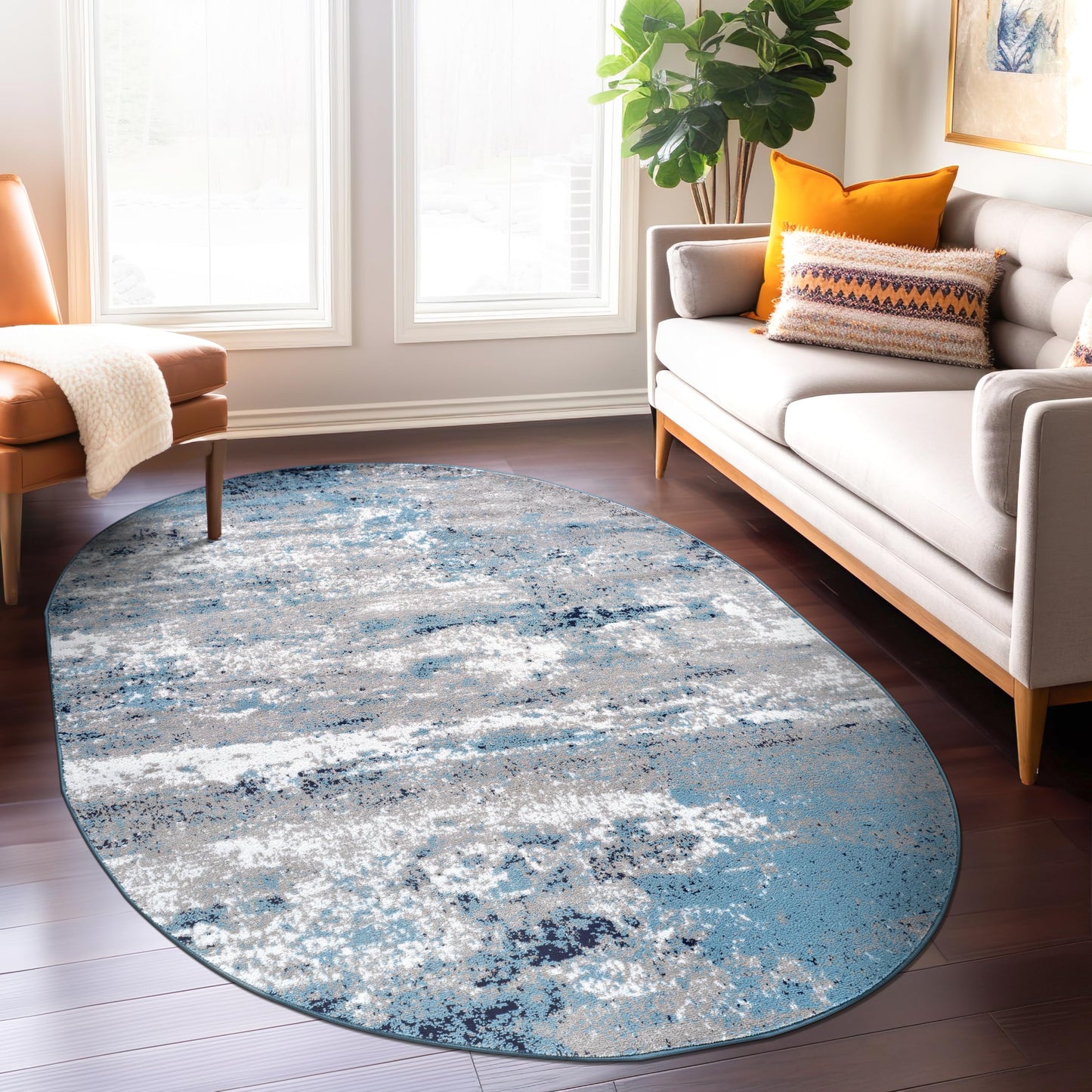 Rugshop Modern Distressed Blue Abstract Oval Area Rug Bohemian Inspired Watercolor for Dining Room, Living Room and Bedroom 5' x 7' Oval