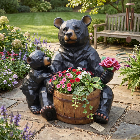 elesculor Black Bear Mother & Cub Garden Statue Planter, Resin Outdoor Flower Pot with Barrel Basket, Decorative Animal Planter for Patio, Yard, Lawn, Cabin Decor