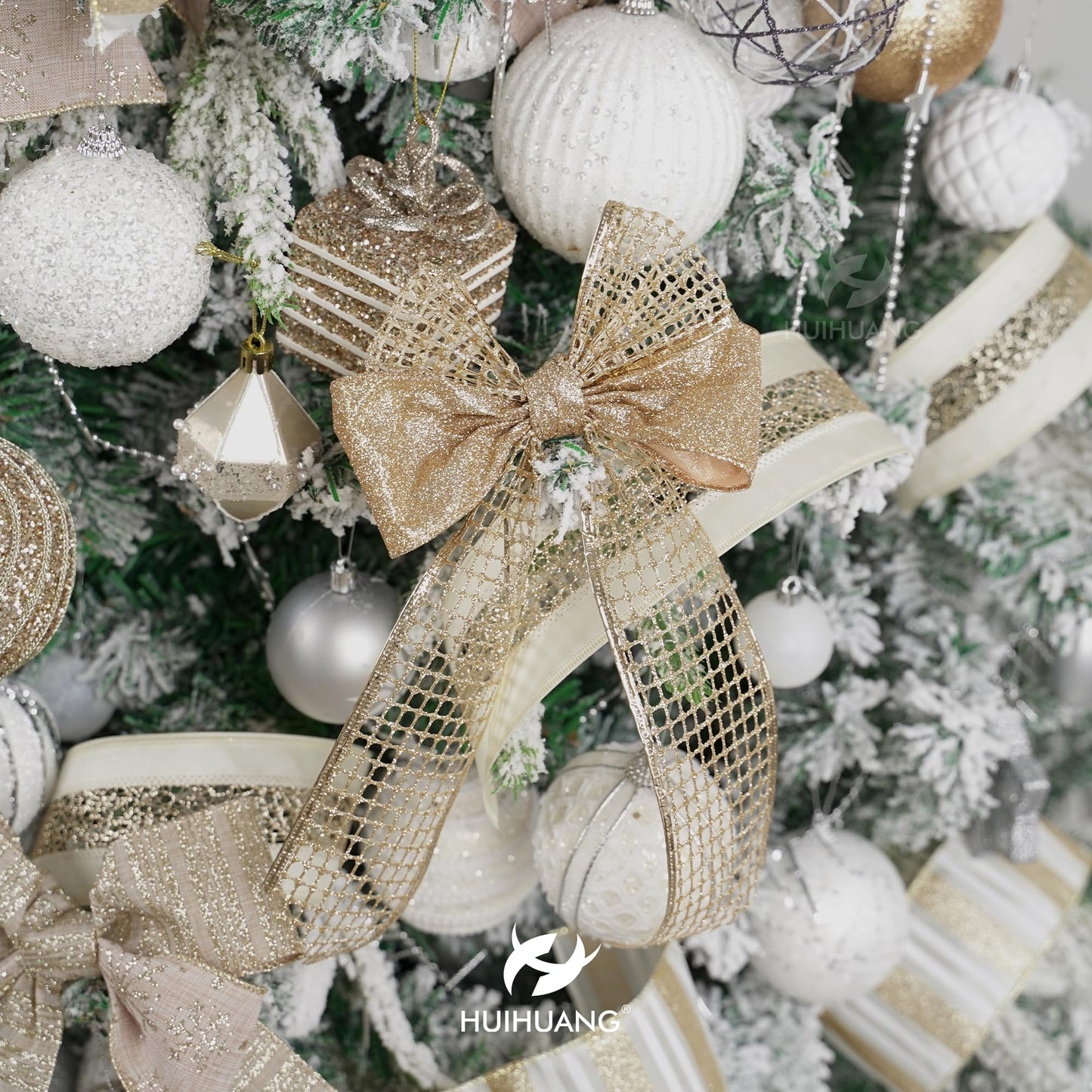 HUIHUANG Champagne Gold Christmas Ribbon Wired Champagne Glitter Christmas Tree Ribbons for X-mas Tree, Wreaths, Garlands, Home Decor, Wrapping (2.5" x 6 Rolls, 36 Yds Total)