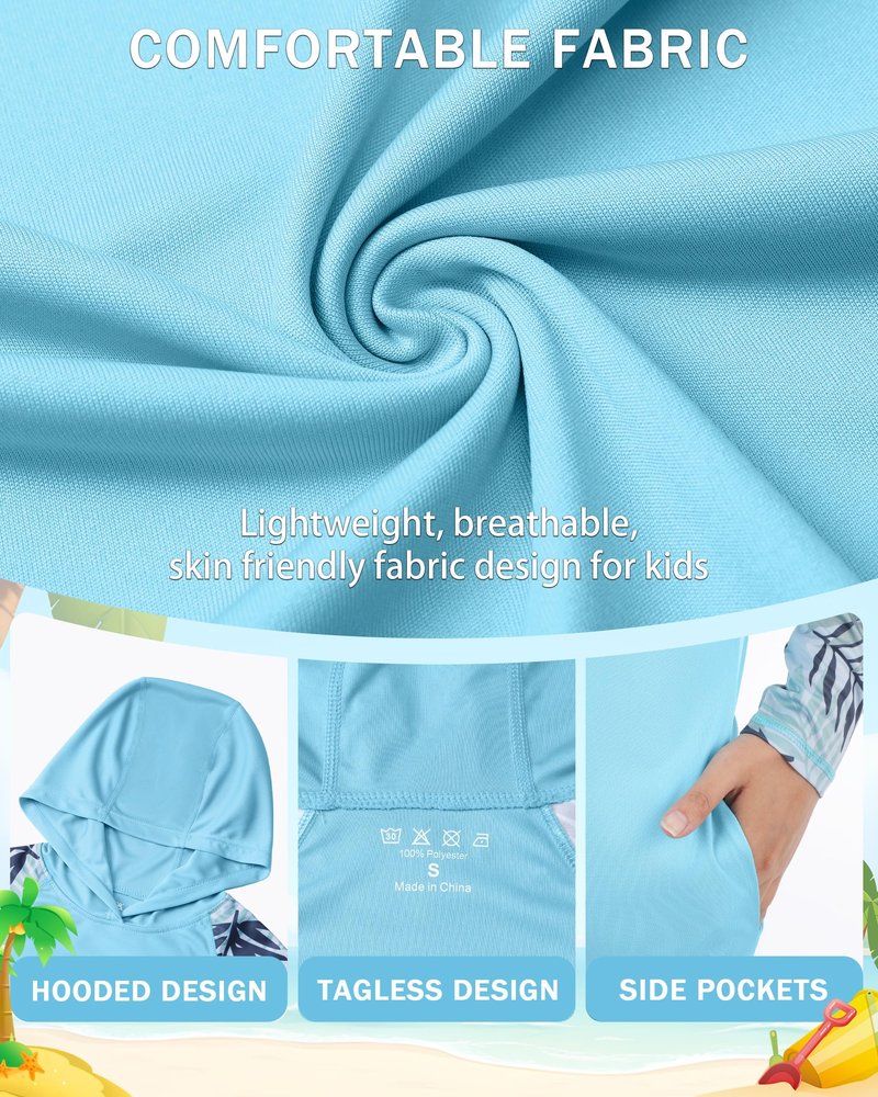 DRONIRING Boys Rash Guard Swim Hoodie, UPF 50+ UV Sun Protection Long Sleeve Fishing Shirt, Kids Youth SPF Water Shirts Blue