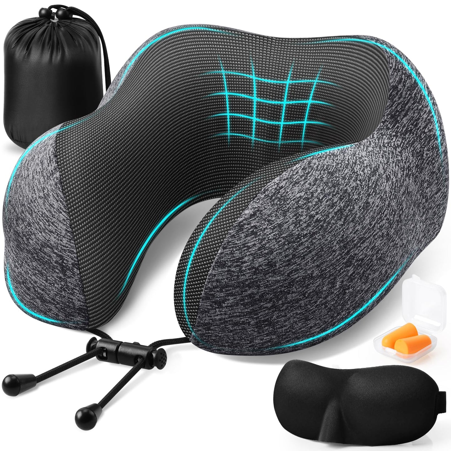ExploreBliss Travel Pillow, Travel Pillows for Sleeping Airplane, Removable Cover Neck Pillow with Adjustable Clasp, Memory Foam Neck Pillow Set with Eye Mask, Earplugs and Storage Bag (Dark Grey)