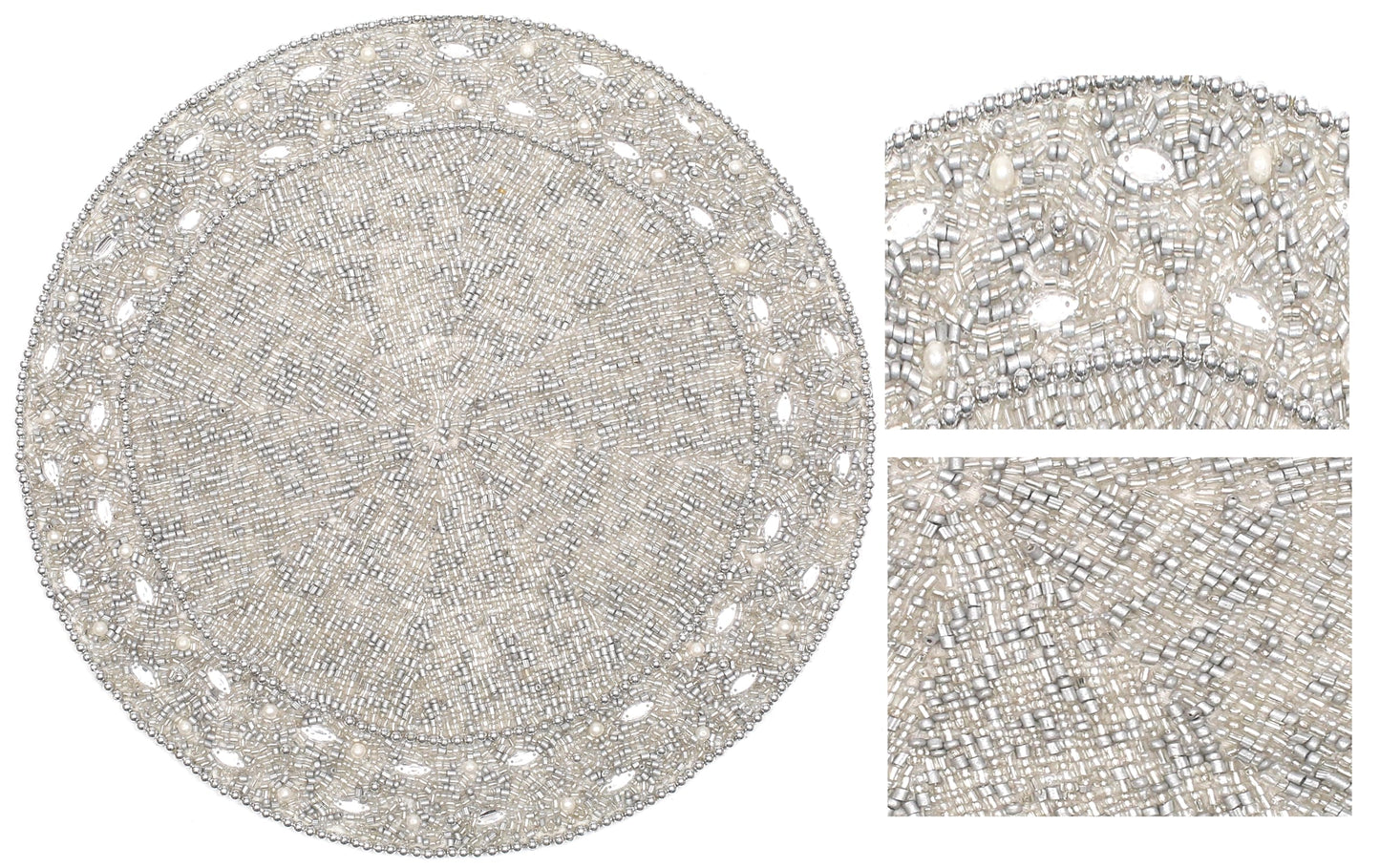 13" Round Beaded Placemat - Handcrafted Glass Beads in White Silver - Luxury Dining Table Decor, Wedding & Housewarming Gift, Holiday Use Pack of 1 by ALPHA Living HOME