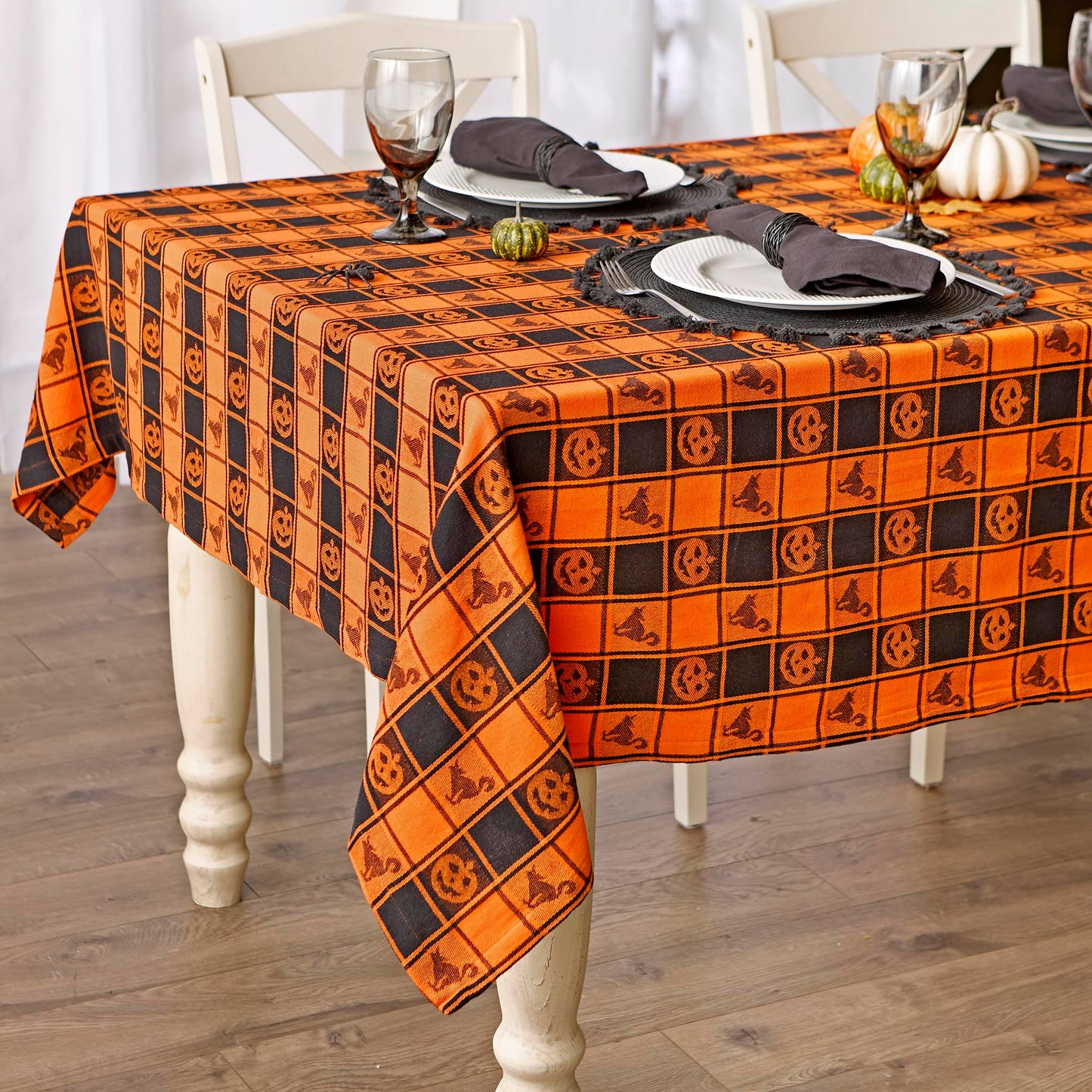 DII Halloween Party Tabletop Decor, Reusable & Machine Washable Cotton Fabric, Tablecloth, 60x84, Orange & Black Buffalo Check