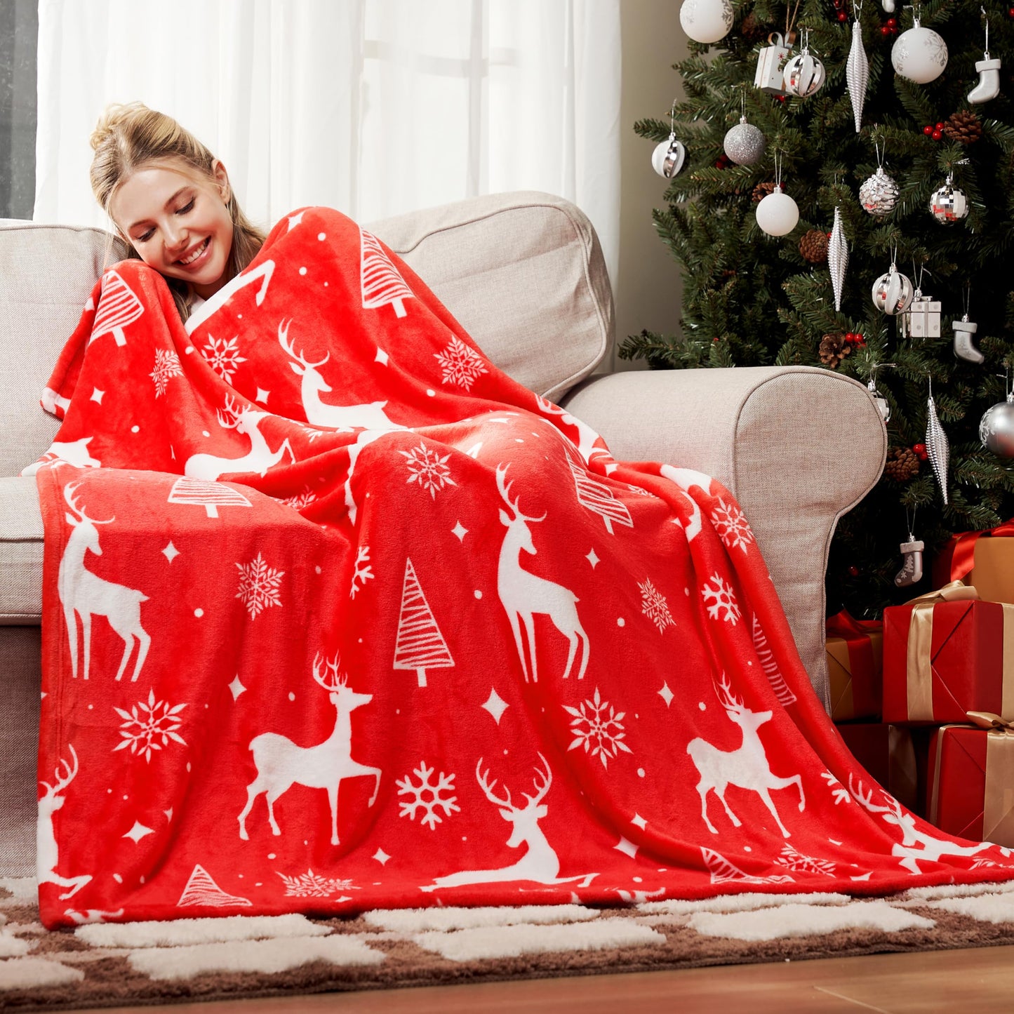 Joiedomi Christmas Throw Blanket - Soft Flannel Christmas Blanket - Warm Plush Holiday Decorative Throw - Winter Cozy Present Throw for Couch - 50” x 60" Red Nordic