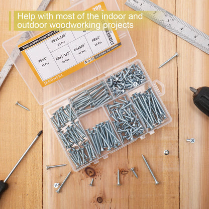 JEGONFRI High Hardness Wood Screws Assortment Kit, 209 pcs, Phillips Drive Flat Head, Wood Screws, Screws, Drywall Screws, Assorted Screws, Screws Set, 6 Sizes (2”,1-1/2”,1-1/4”,1”,3/4”,1/2”)