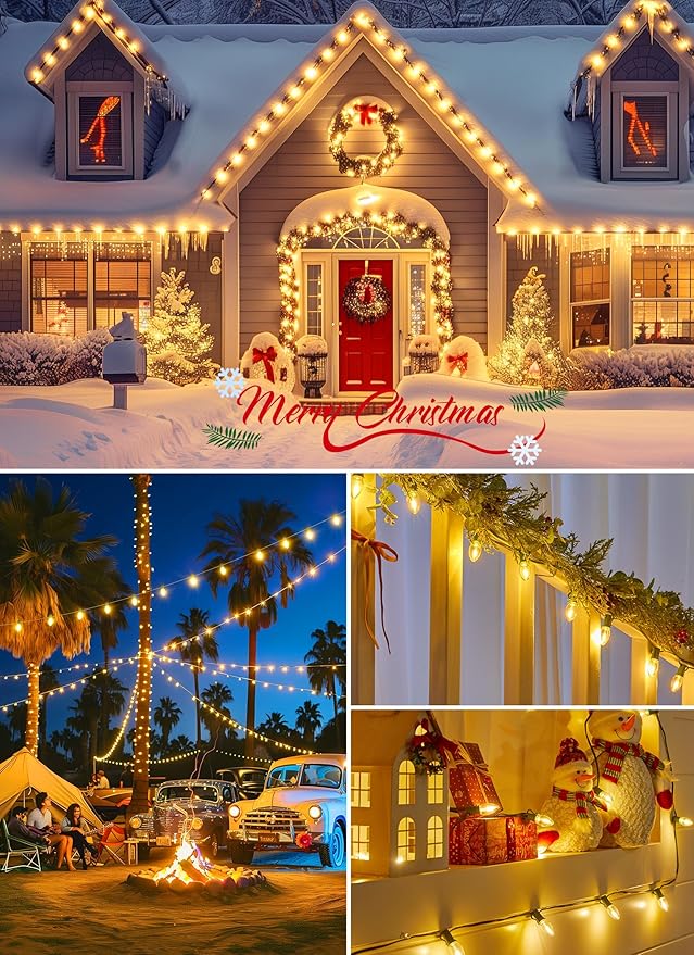 Vintage C9 LED Christmas Lights Outdoor, 50 Feet C9 String Lights with 25 Shatterproof C9 Bulbs, Waterproof Connectable Christmas Tree Lights for Outside Roofline Patio Xmas Decorations, Warm White