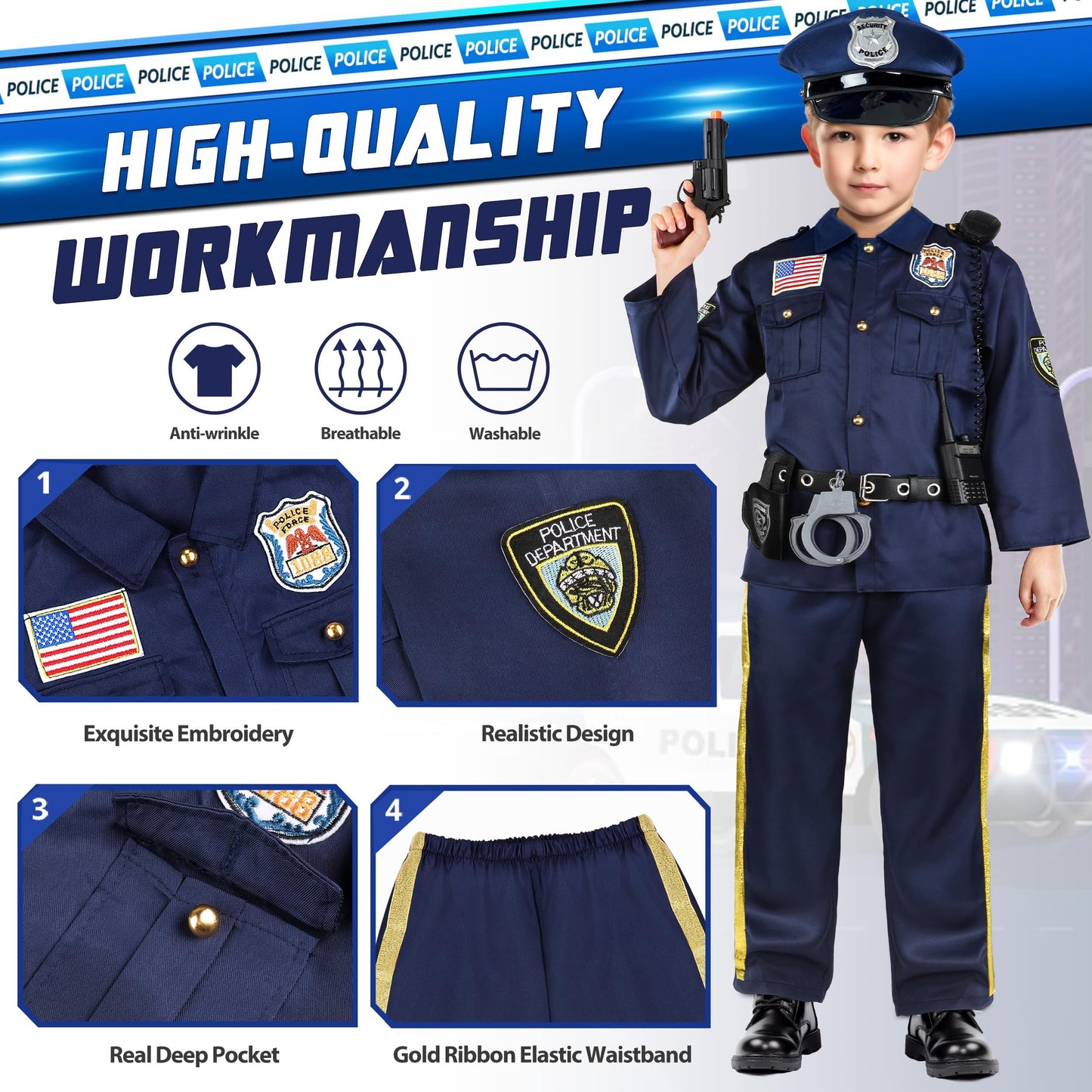 Joycover Police Officer Costume for Kids - Deluxe Police Costume for Kids with Accessories, Kids Halloween Costumes for Boys Girls, Cop Outfit Role Play Kit for Halloween Career Day-S