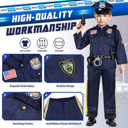 Joycover Police Officer Costume for Kids - Deluxe Police Costume for Kids with Accessories, Kids Halloween Costumes for Boys Girls, Cop Outfit Role Play Kit for Halloween Career Day-S