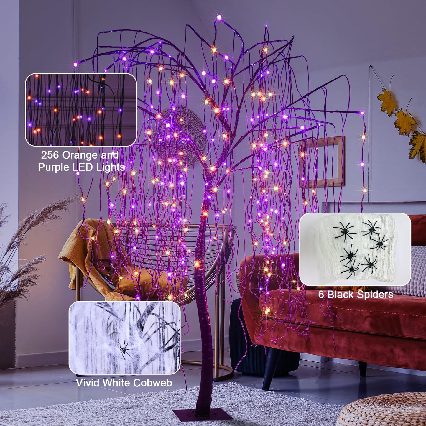 7 FT Halloween Lighted Willow Tree 256 LED Orange and Purple Lights Artificial Weeping Willow Tree with 6 Spiders Outdoor Indoor Decoration Christmas Festival Party Home Decor