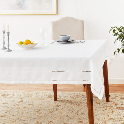 Hem Stitch Embroidered Vintage Design Tablecloth White 60" by 84" Oblong/Rectangle