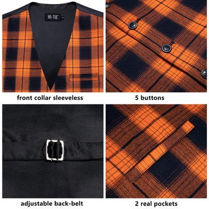 Hi-Tie Orange Black Halloween Suit Vest Mens Slim Fit Plaid Waistcoat 3 Pockets Formal Casual Tuxedo for All Saints' Day
