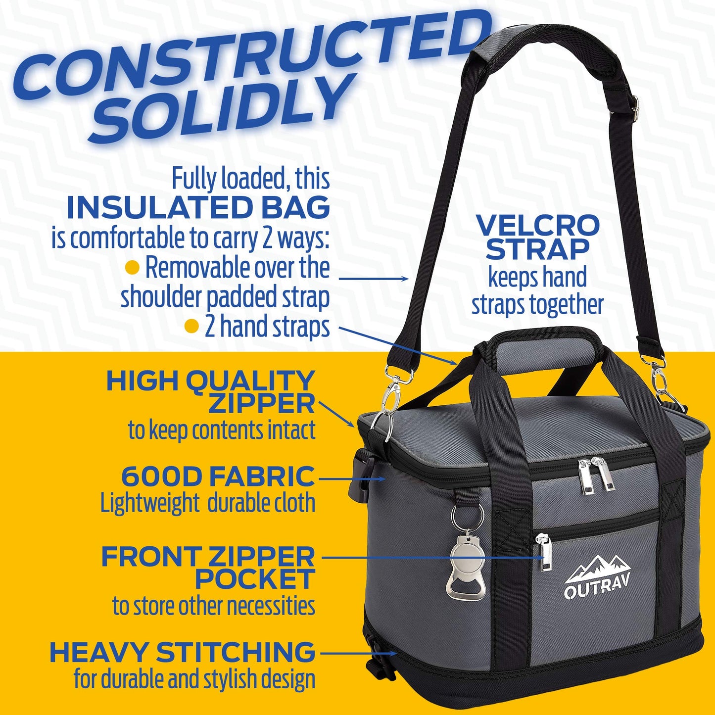 Black Insulated Cooler Bag – 6L Collapsible Thermal Lunch Bag with Bottle Opener, 16 Can Capacity – Perfect for Camping, Picnics and Travel - Handles and Removable Shoulder Strap - by Outrav