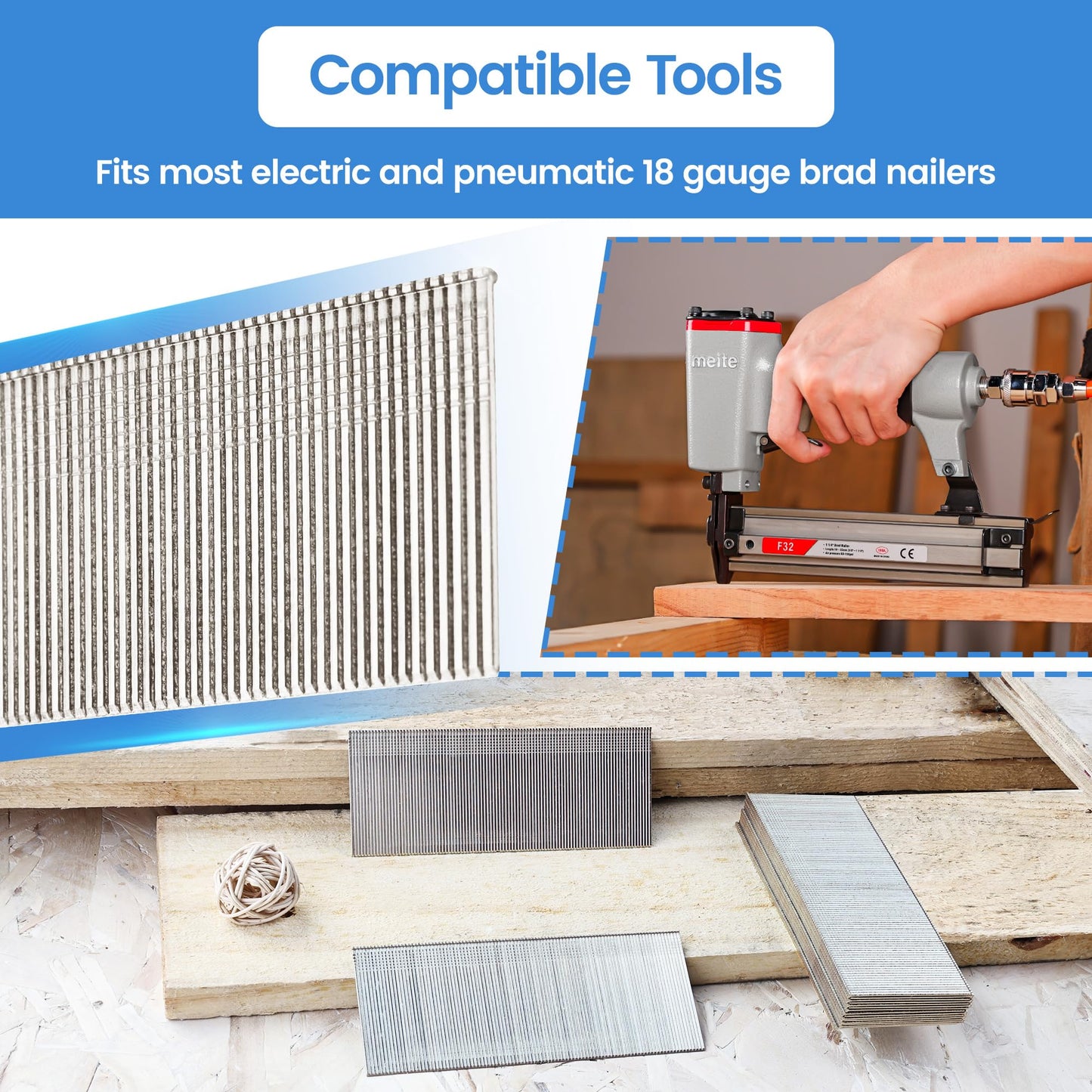 meite 18 Gauge Brad Nails, 1/2 Inch 18GA Brad Nails, 18G 304 Stainless Steel Small Finishing Nail Gun Nails for Pneumatic, Electric Brad Nailer Gun (2,000 Counts)