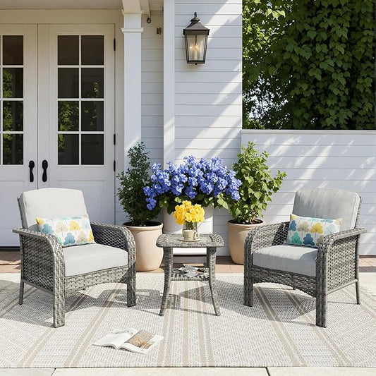 HOOOWOOO Patio Furniture Set,3 Pieces Outdoor Conversation Set,All Weather Wicker Bistro Set Yard Porch High Back Chairs Side Table,Light Gray