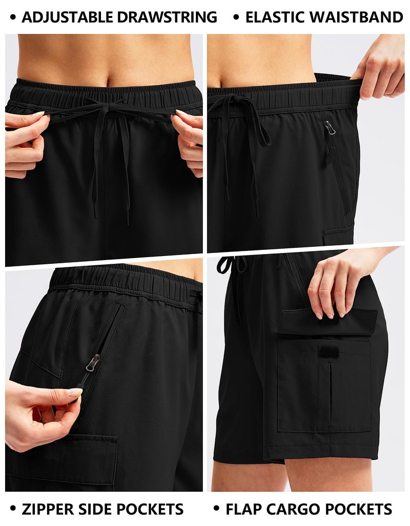 SANTINY Women's 5''/ 7''/9'' Hiking Cargo Shorts Quick Dry Lightweight Summer Shorts for Women Athletic Golf Zipper Pockets(Black_XS)