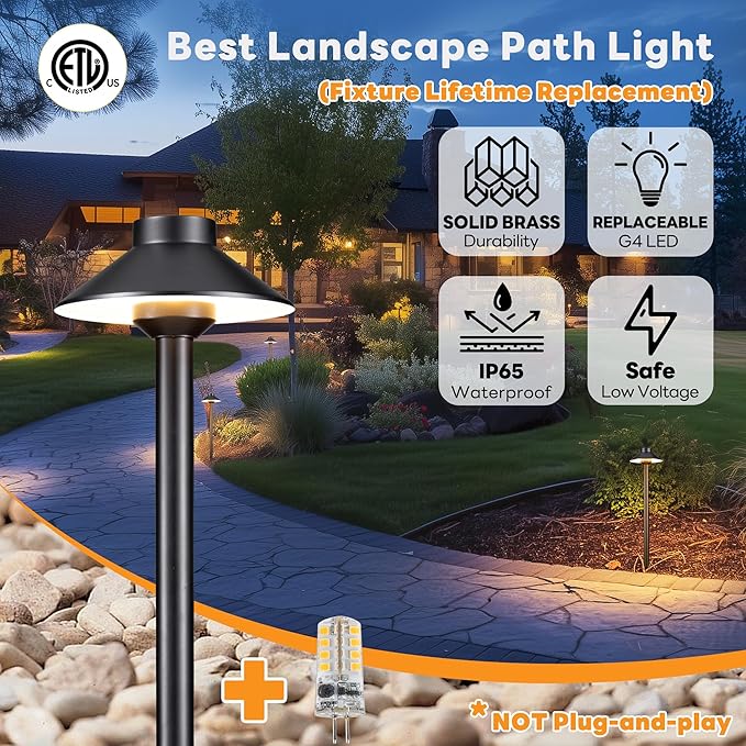Gardenreet Outdoor Brass Pathway Lights, Low Voltage Landscape Path Lighting Wired, 12v Walkway Light LED Waterproof, Black for Outside Garden Yard with 3W 270LM 3000K Soft White G4 Bulb (4 Pack)