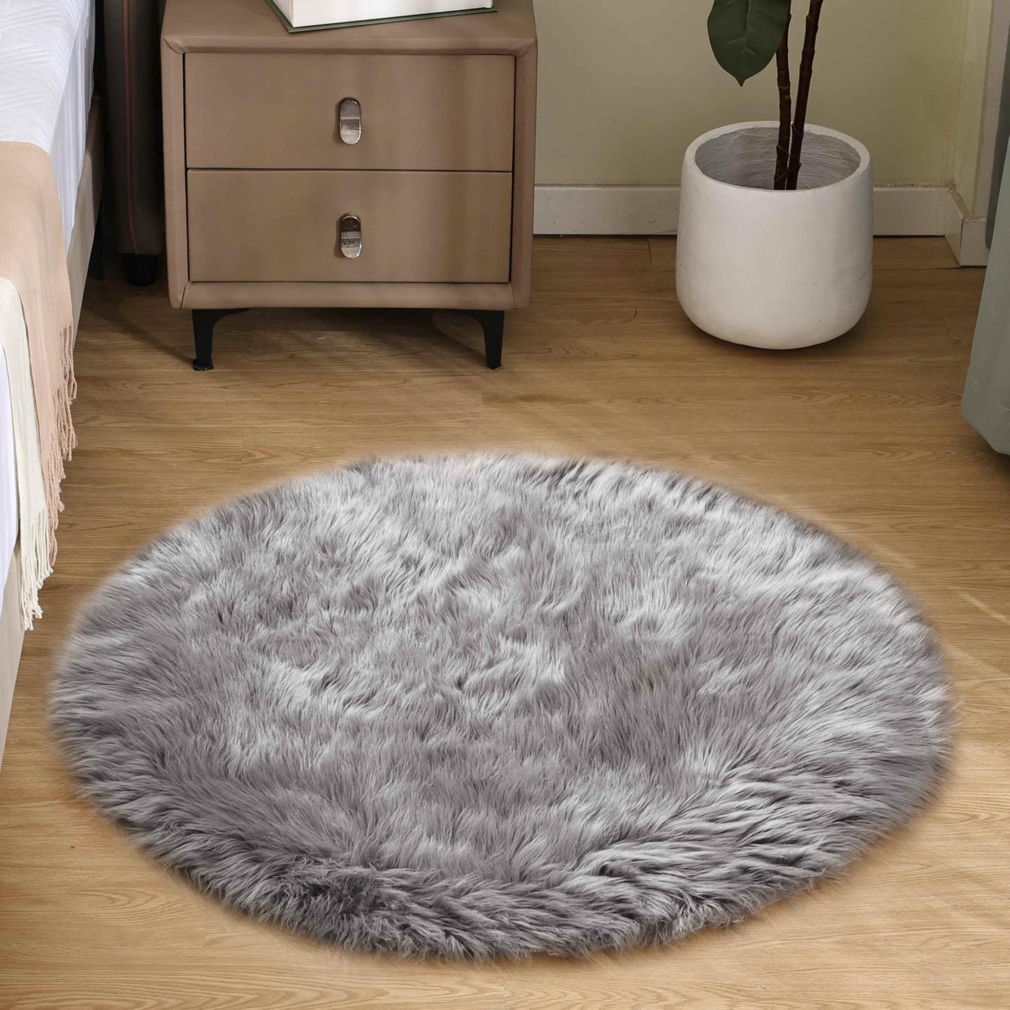 Goolela Grey Round Rug 3ft Fluffy Faux Sheepksin Fur Rug Fuzzy Gray Bedside Rugs for Bedroom Living Room Plush Soft Circle Shag Carpet