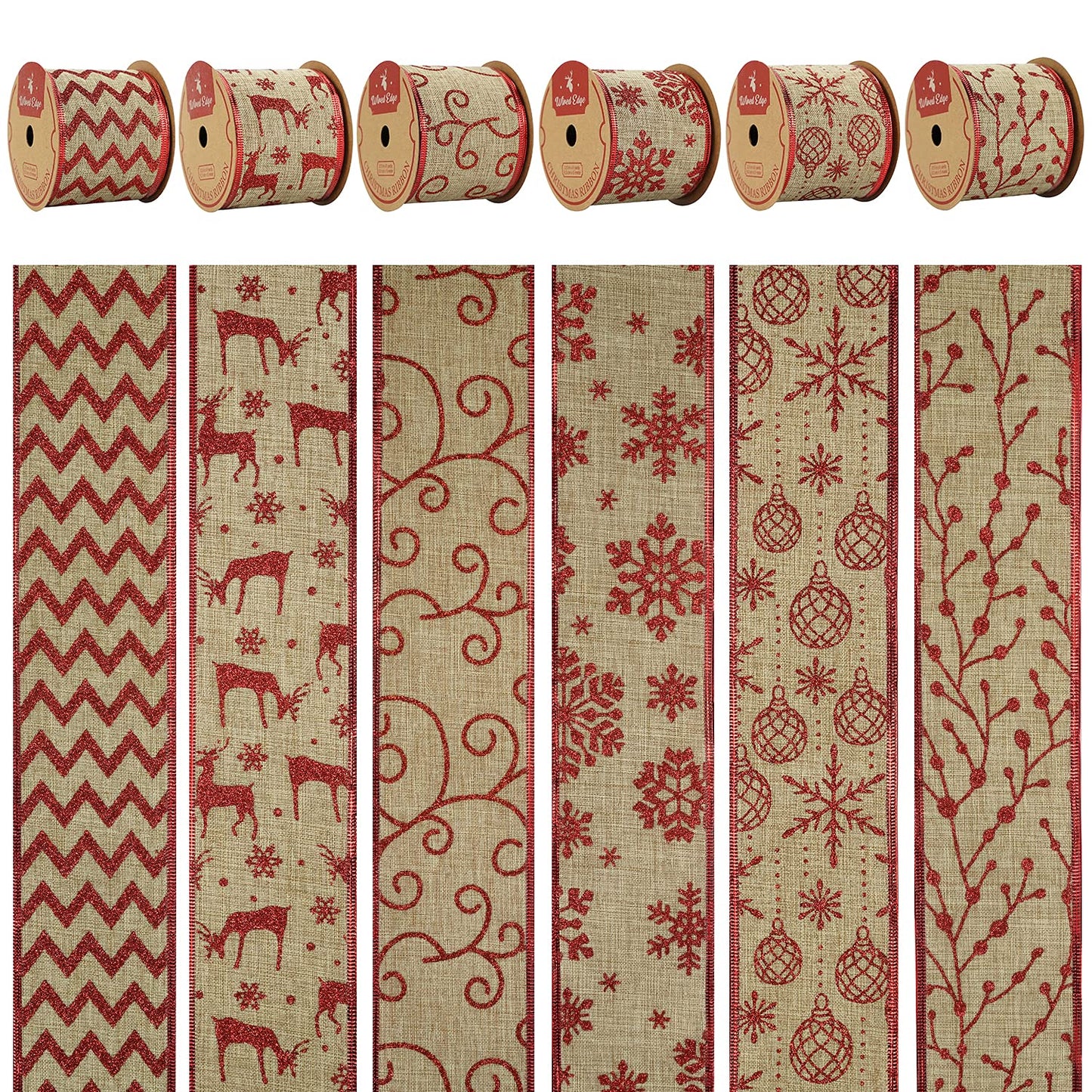 MEEDEE Christmas Ribbon Set - Wired Burlap 2.5 Inch 6 Rolls 36 Yards Red Glitter for Tree Garland, Wreaths, Tree Topper, Bow Making