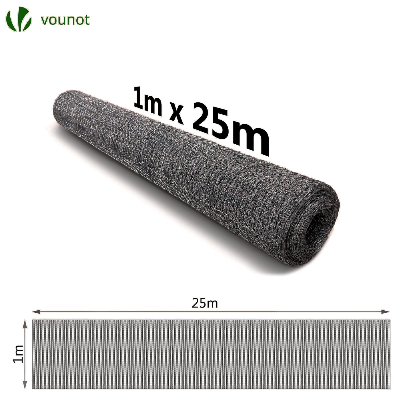 VOUNOT Chicken Wire Mesh Roll, PVC Coated Hexagonal Wire Mesh Fencing, Wire Poultry Netting, 1m x 25m, Hole Size: 13mm, Grey