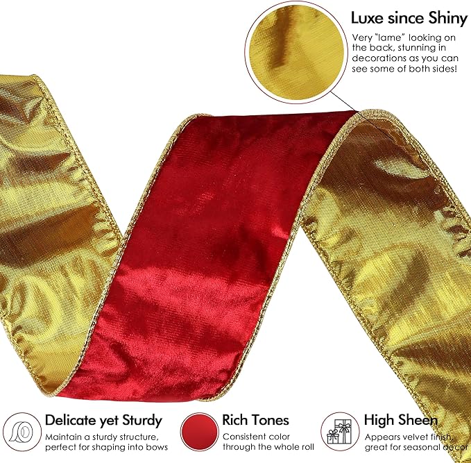 MEEDEE Red Velvet Wired Ribbon 2.5 Inch 10 Yards Double Sided Gold & Red for Christmas Tree, Wreath & Crafts