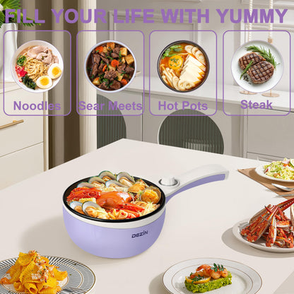 Dezin Hot Pot Electric with Steamer Upgraded, Non-Stick Sauté Pan, Rapid Noodles Electric Pot, 1.5L Mini Pot for Steak, Egg, Fried Rice, Ramen, Oatmeal, Soup with Power Adjustment