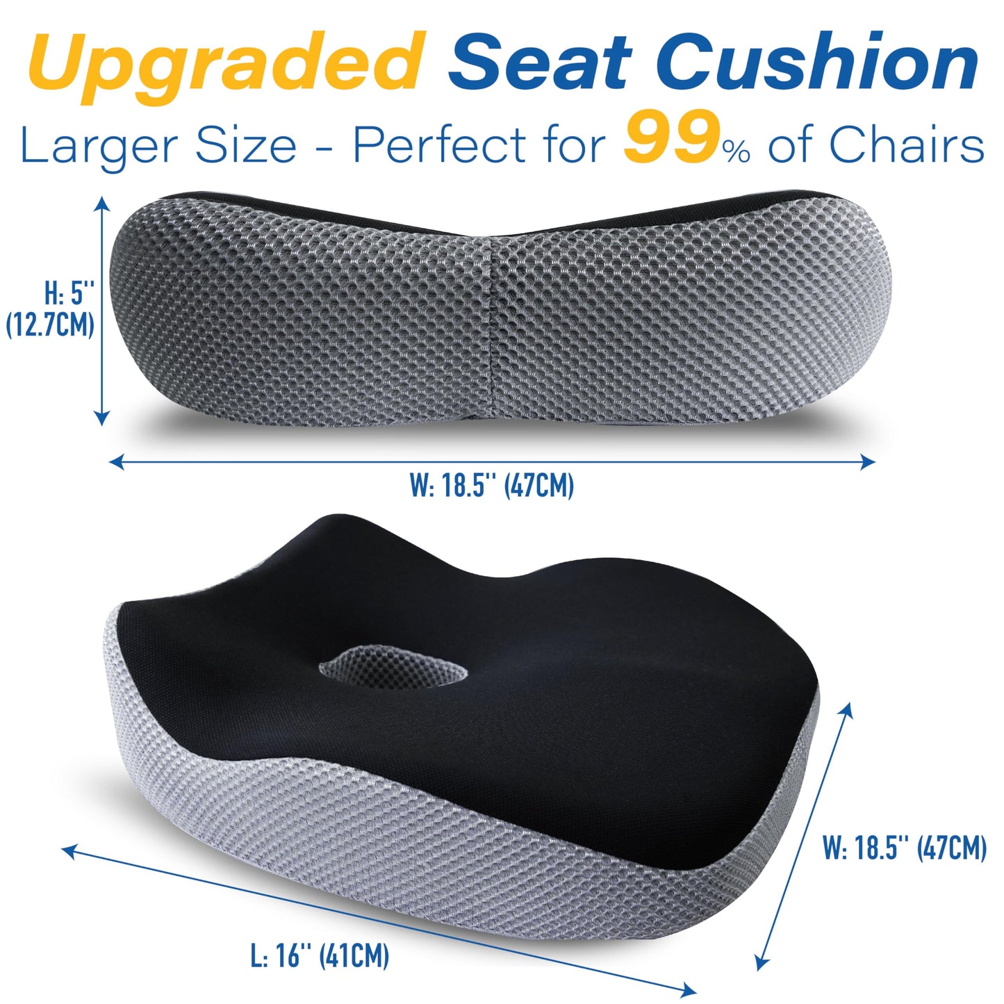 Car Seat Cushion, Ergonomic Memory Foam Car Cushion for Sciatica Pain Relief, Larger Driving Seat Pillow for Short Drivers on Long Drives - Butt Pillow for Truck, Office, Wheelchair - Black&Gray