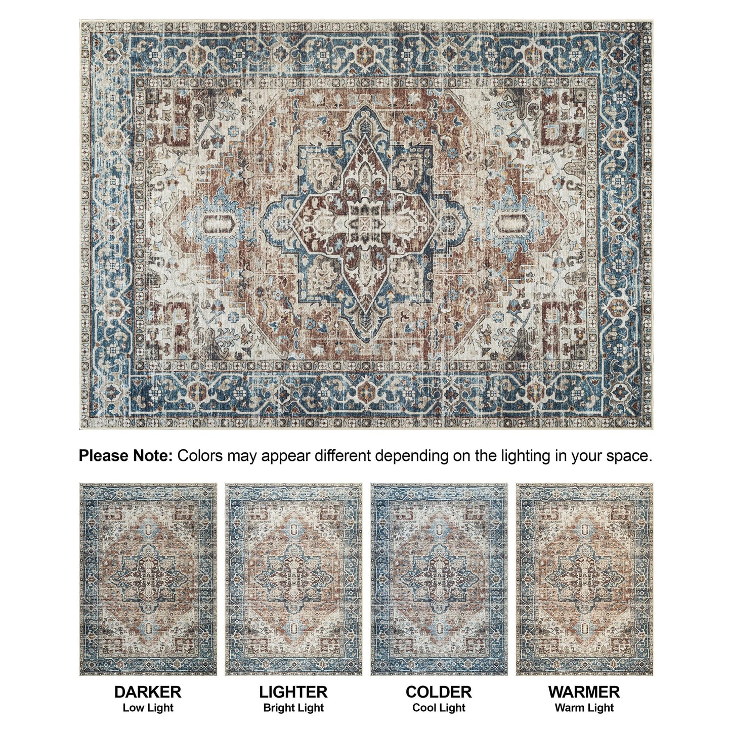Bloom Rugs Caria Washable Non-Slip 4x6 Rug - Terracotta/Blue Traditional Area Rug for Living Room, Bedroom, Dining Room, and Kitchen - Exact Size: 4' x 6'