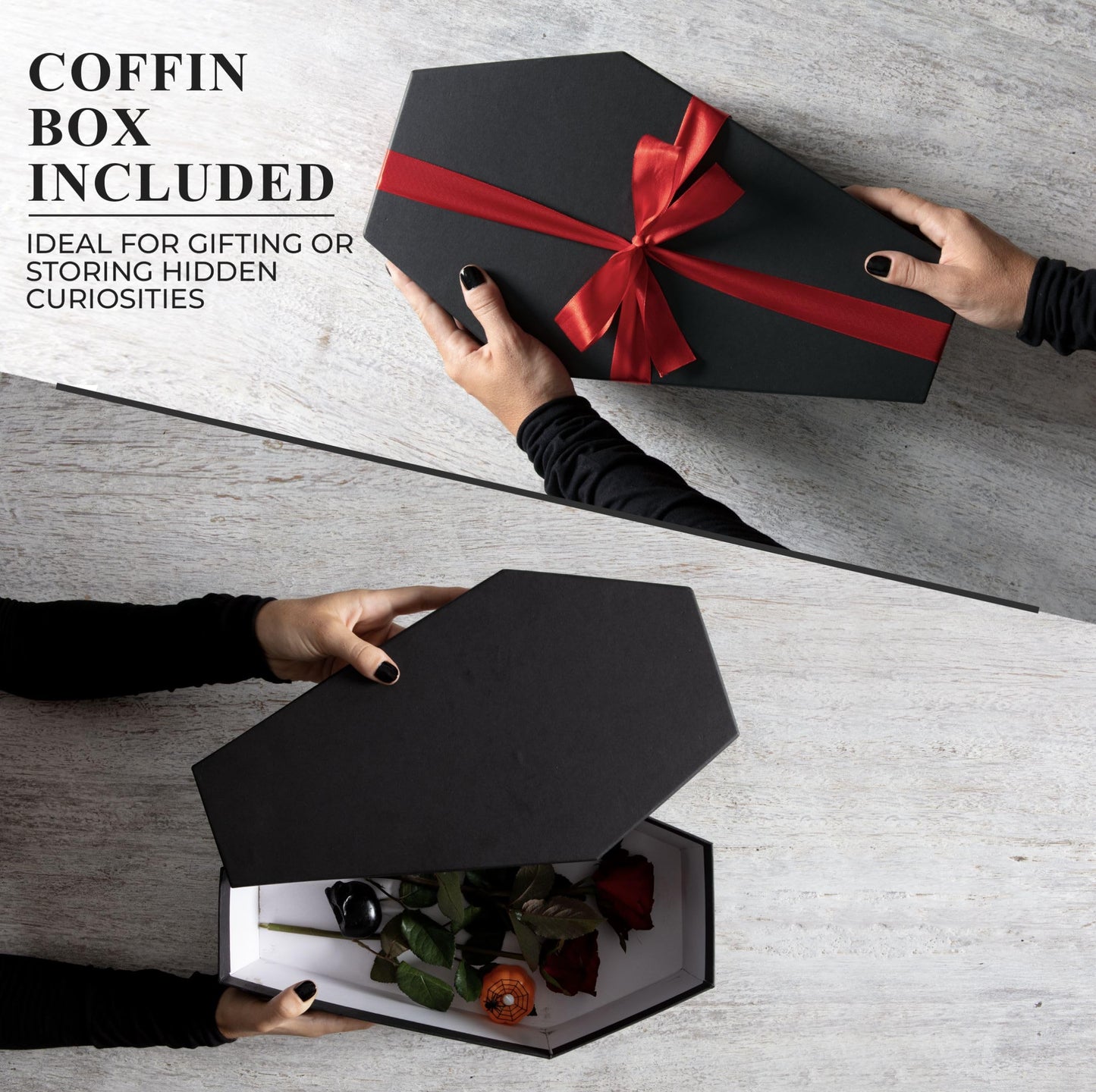 MANNY'S MYSTERIOUS ODDITIES Coffin Shelf and Coffin Gift Box with Spooky Accessories Set - Small Cute Goth Halloween Box 14 by 7 Inches - Black