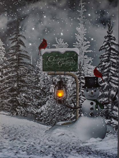 BANBERRY DESIGNS Cardinals and Snowmen Lighted Wall Art Canvas Prints - Christmas Greetings with LED Lantern - Winter Snow Scene with Pine Trees - Measures 16" H x 12" W