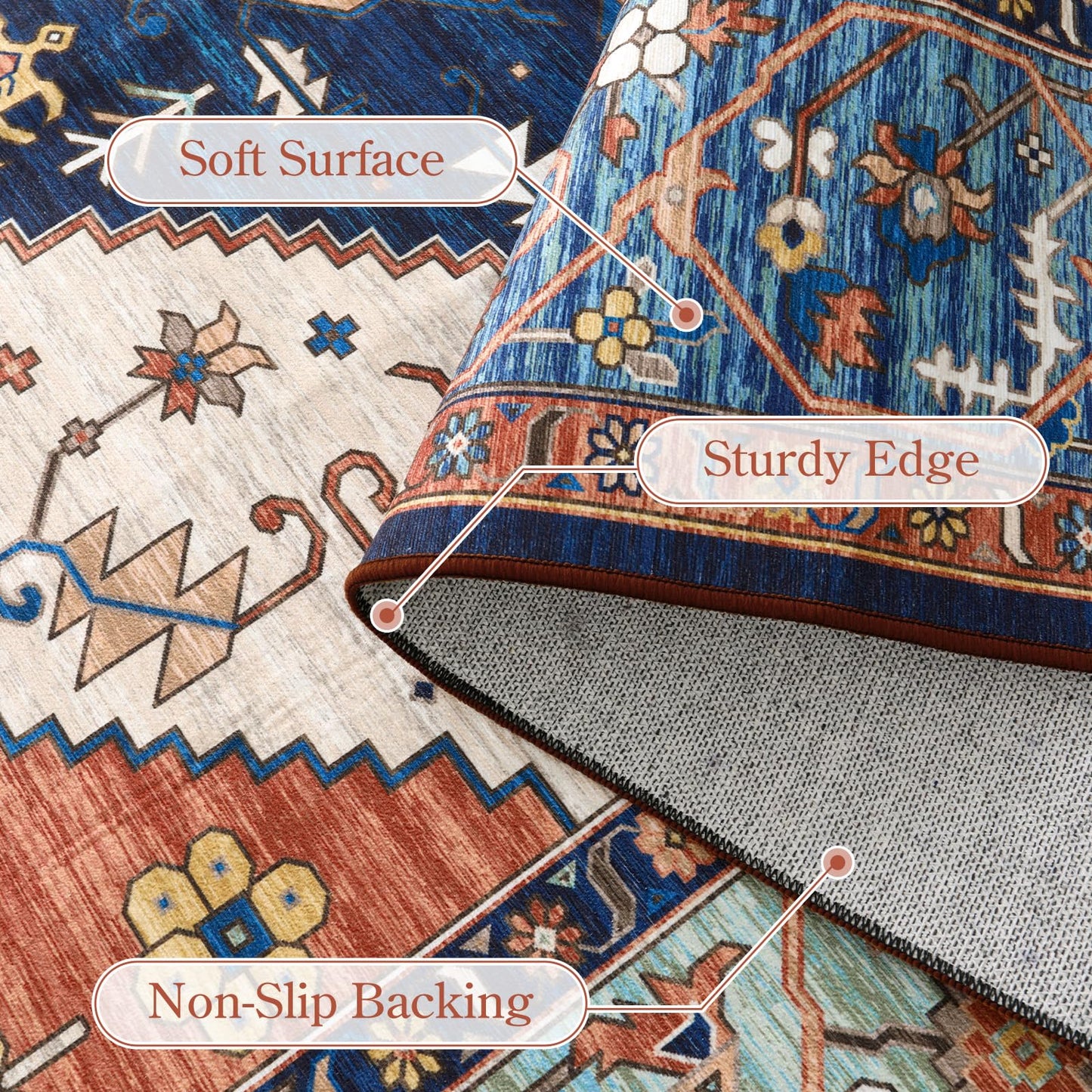Lahome Oriental Washable Rug 6x9, Non-Slip Ultra-Thin Living Room Area Rug, Stain Resistant Vintage Carpet for Bedroom Dining Room Office Adelyn