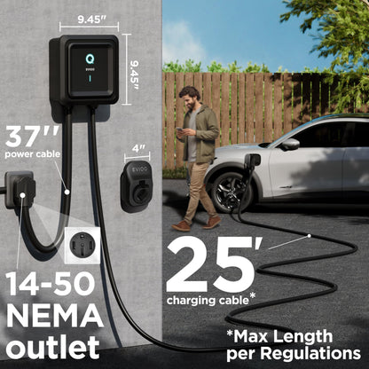 EVIQO Level 2 EV Charger – 48 Amp (11.5 kW) 240V – Wall EV Charger Level 2, NEMA 14-50 Plug/Hardwired, J1772 25' Cable, Enhanced Wi-Fi – UL, Energy Star, ETL Certified EVSE, Car Charging Station GEN 2