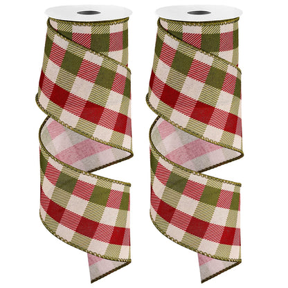 Whaline 2 Rolls Wired Edge Plaids Ribbon - Christmas Buffalo Check Red Green, 2.5 Inch Farmhouse Craft for DIY Gift Wrapping, Wreath, Xmas Tree Bow Decoration, 10 Yards