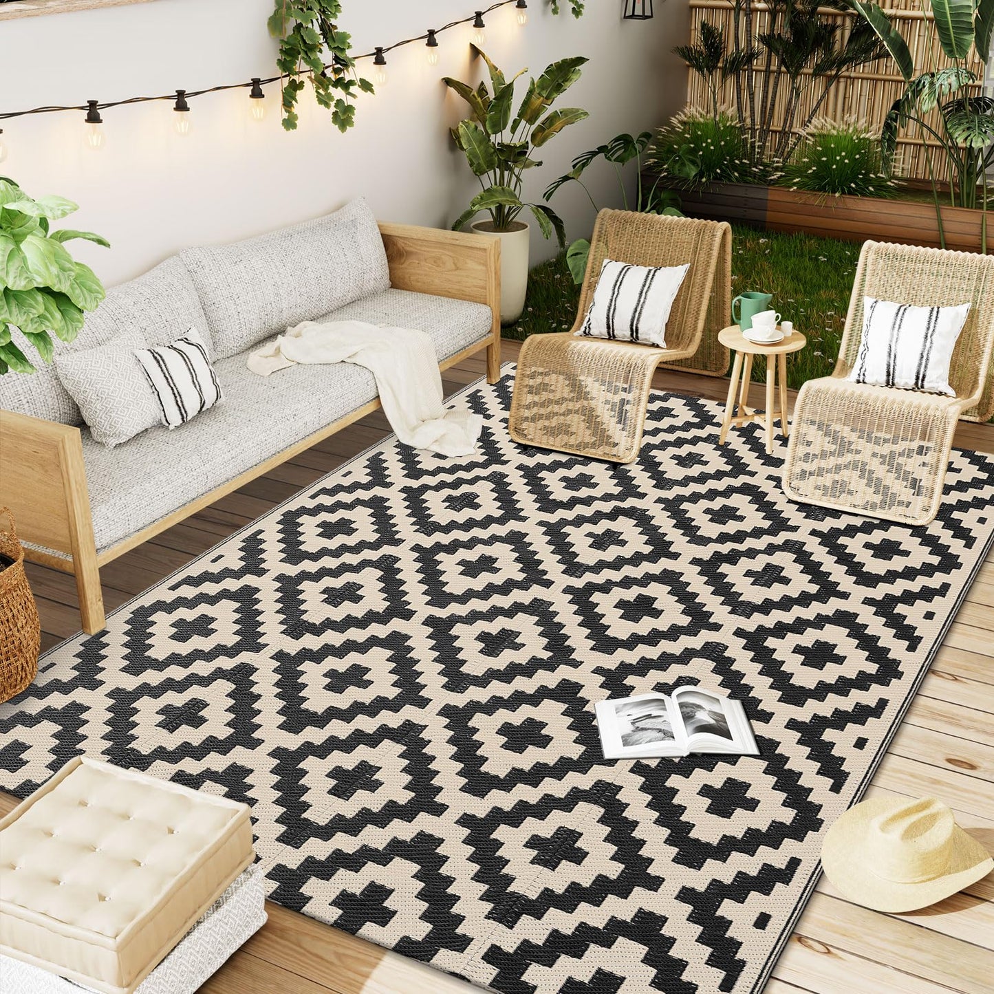 OLANLY Waterproof Outdoor Rug 5x8 ft, Outdoor Plastic Straw Rug for Camping, RV Mat Outside, Outdoor Carpet for Porch, Deck, Backyard, Balcony, Picnic, Black & Beige
