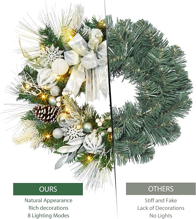 Christmas Wreath for Front Door, 24 Inch Outdoor Christmas Wreath, Battery Operated Xmas Wreath with Silver White Ball Ornaments Bows and 20 LED Lights for Home Holiday Decor