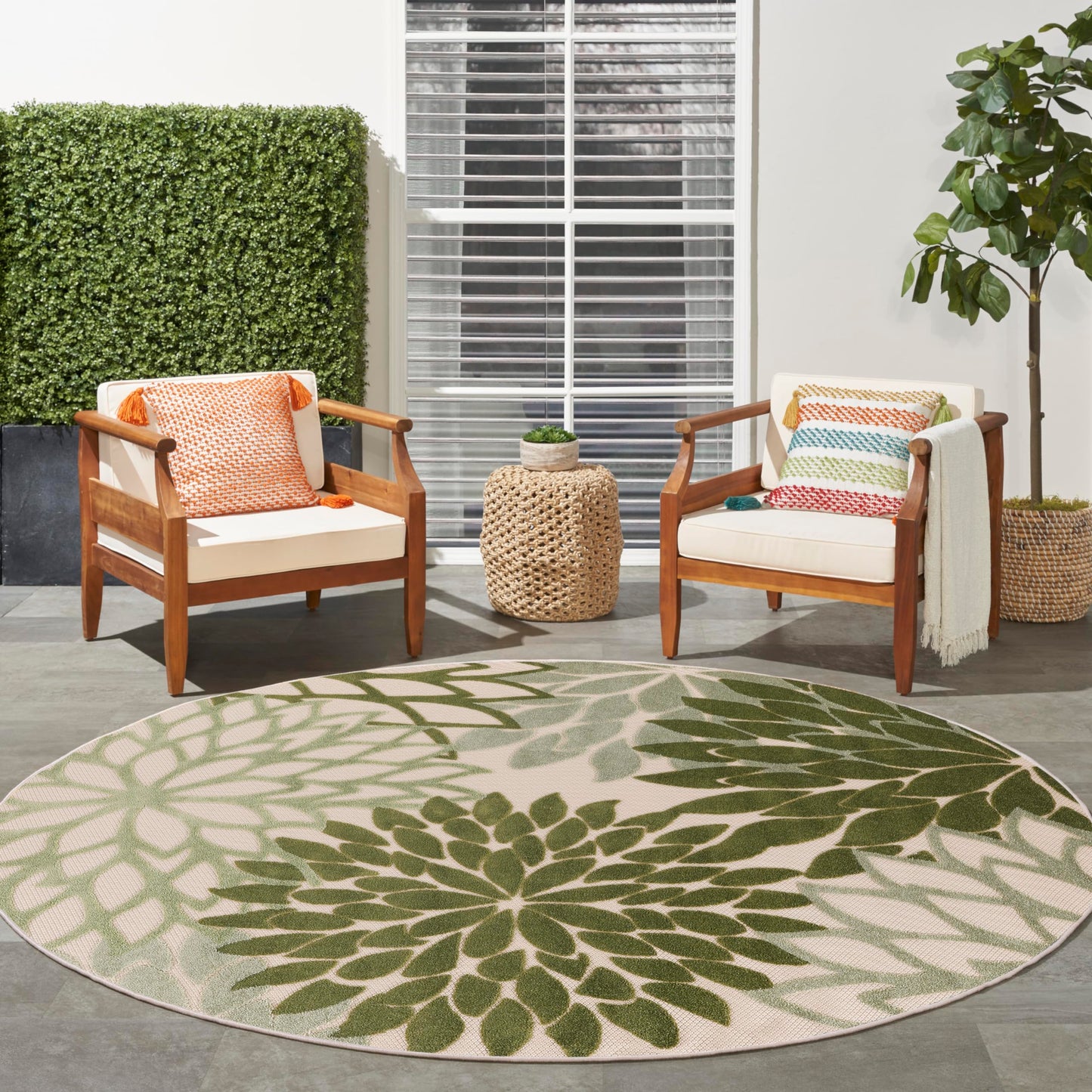 Nourison Home Aloha Indoor/Outdoor Ivory Green 7'10" x Round Area Rug, Easy-Cleaning, Non Shedding, Bed Room, Living Room, Dining Room, Backyard, Patio, Deck (8 Round)