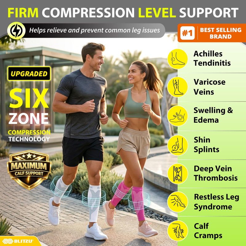 BLITZU Calf Compression Sleeve for Women and Men, Shin Splint Sleeves for Varicose Veins, Nursing, Pregnancy, Running, Footless Compression Socks Support for Calf Muscle Pain Relief White L-XL